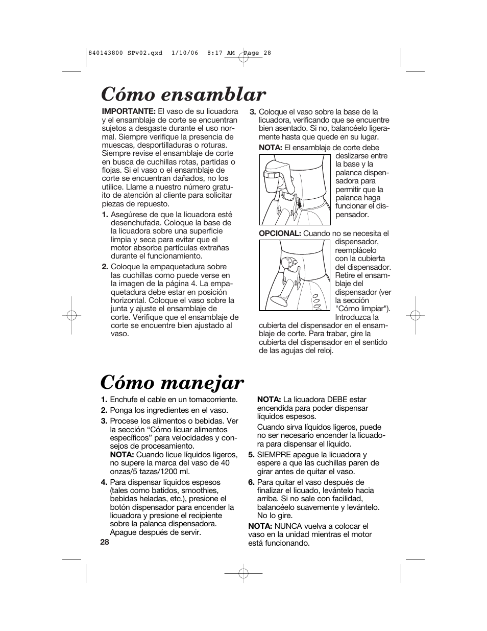 Cómo ensamblar, Cómo manejar | Hamilton Beach 840143800 User Manual | Page 28 / 36