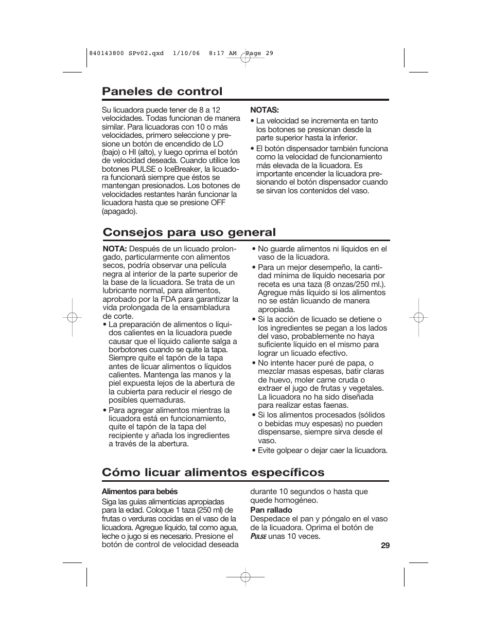 Consejos para uso general, Paneles de control, Cómo licuar alimentos específicos | Hamilton Beach 840143800 User Manual | Page 29 / 36