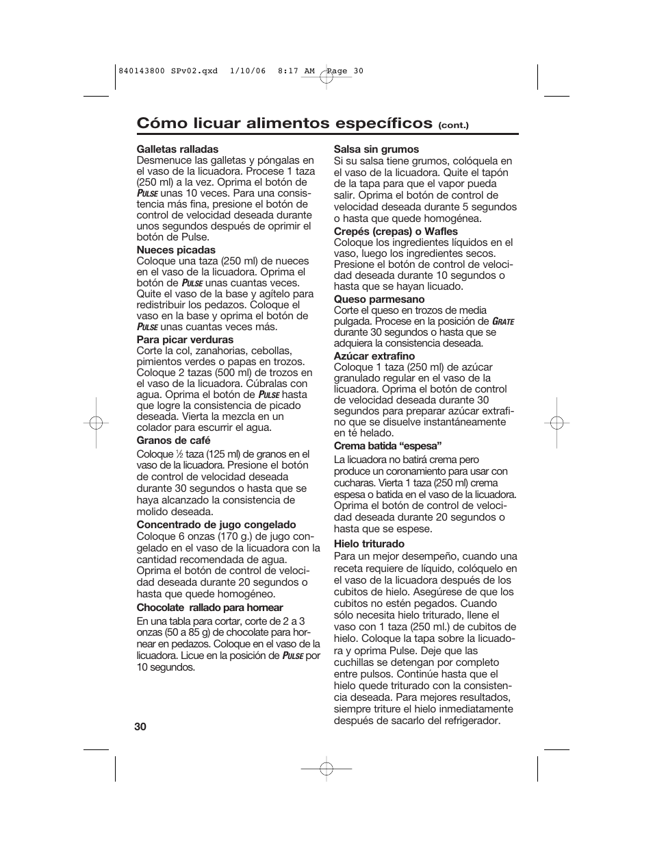 Cómo licuar alimentos específicos | Hamilton Beach 840143800 User Manual | Page 30 / 36