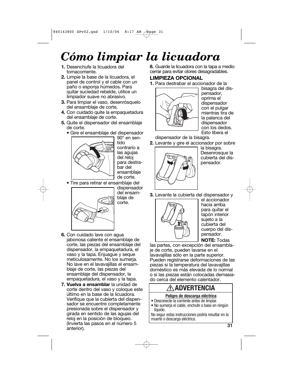 Cómo limpiar la licuadora, Advertencia | Hamilton Beach 840143800 User Manual | Page 31 / 36