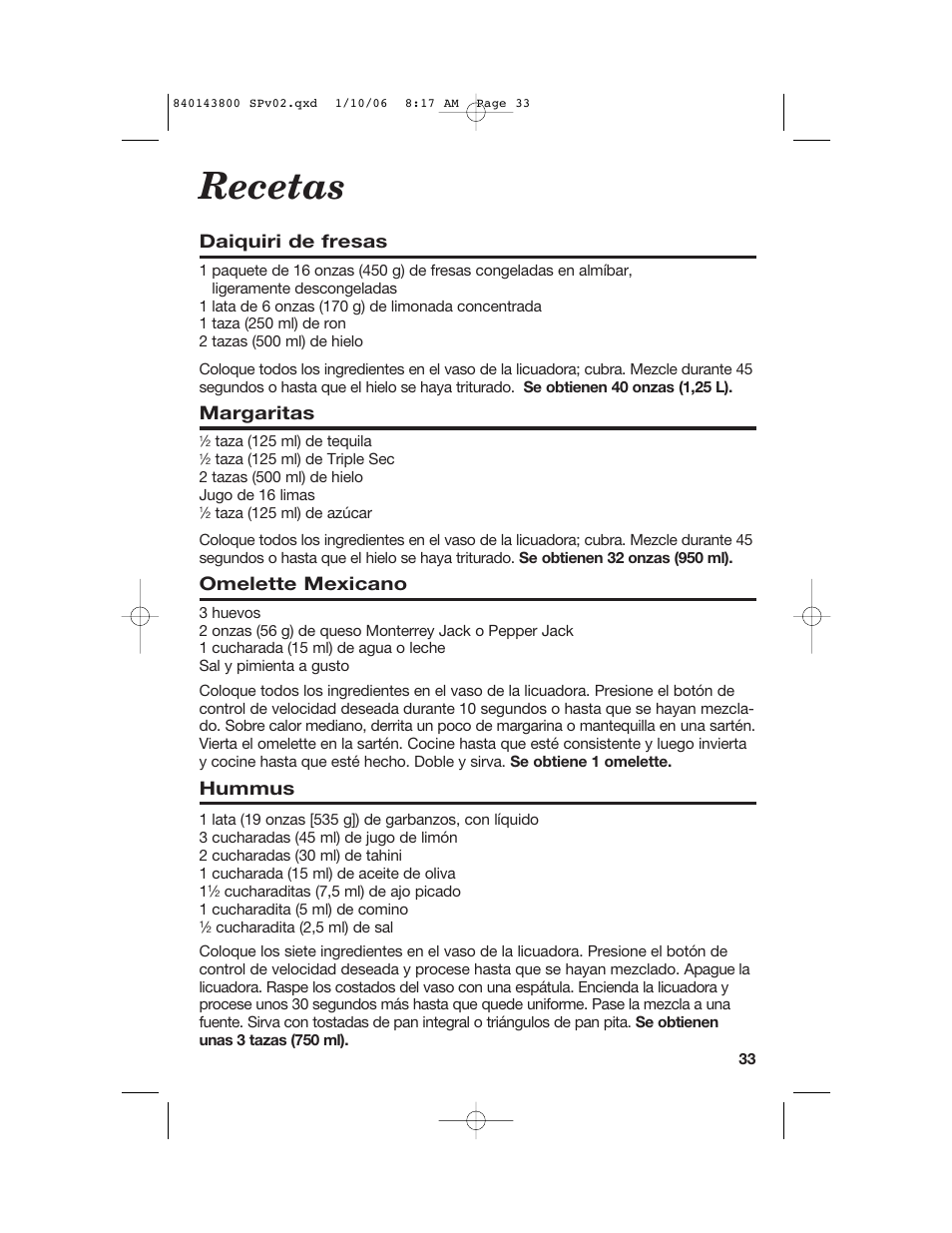 Recetas, Daiquiri de fresas, Margaritas | Omelette mexicano, Hummus | Hamilton Beach 840143800 User Manual | Page 33 / 36