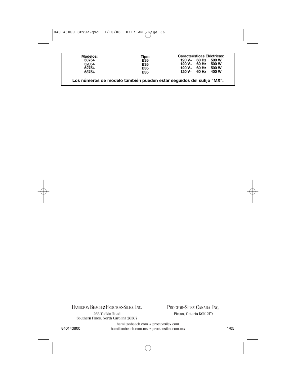Hamilton Beach 840143800 User Manual | Page 36 / 36