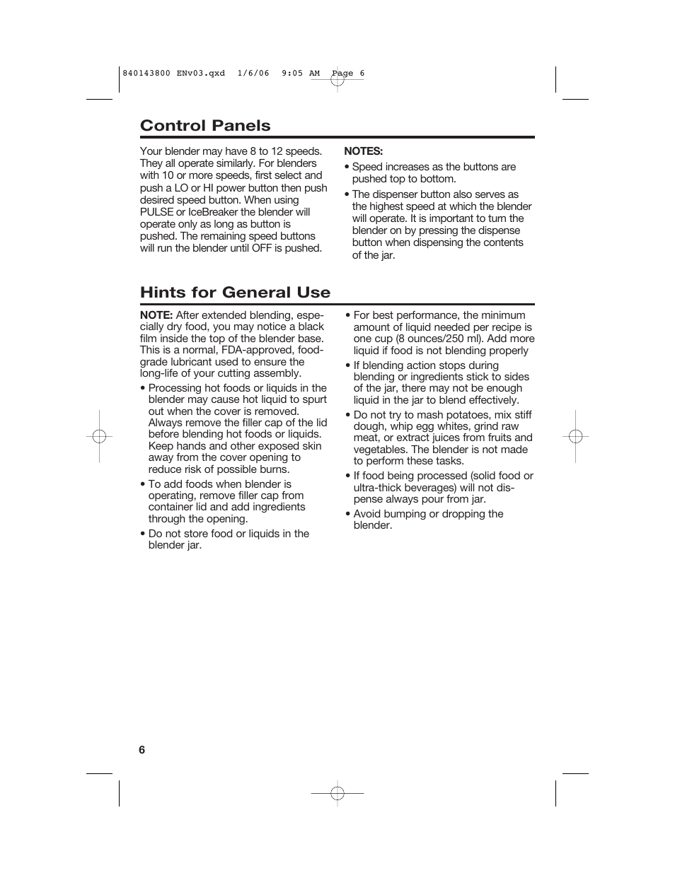 Hints for general use, Control panels | Hamilton Beach 840143800 User Manual | Page 6 / 36