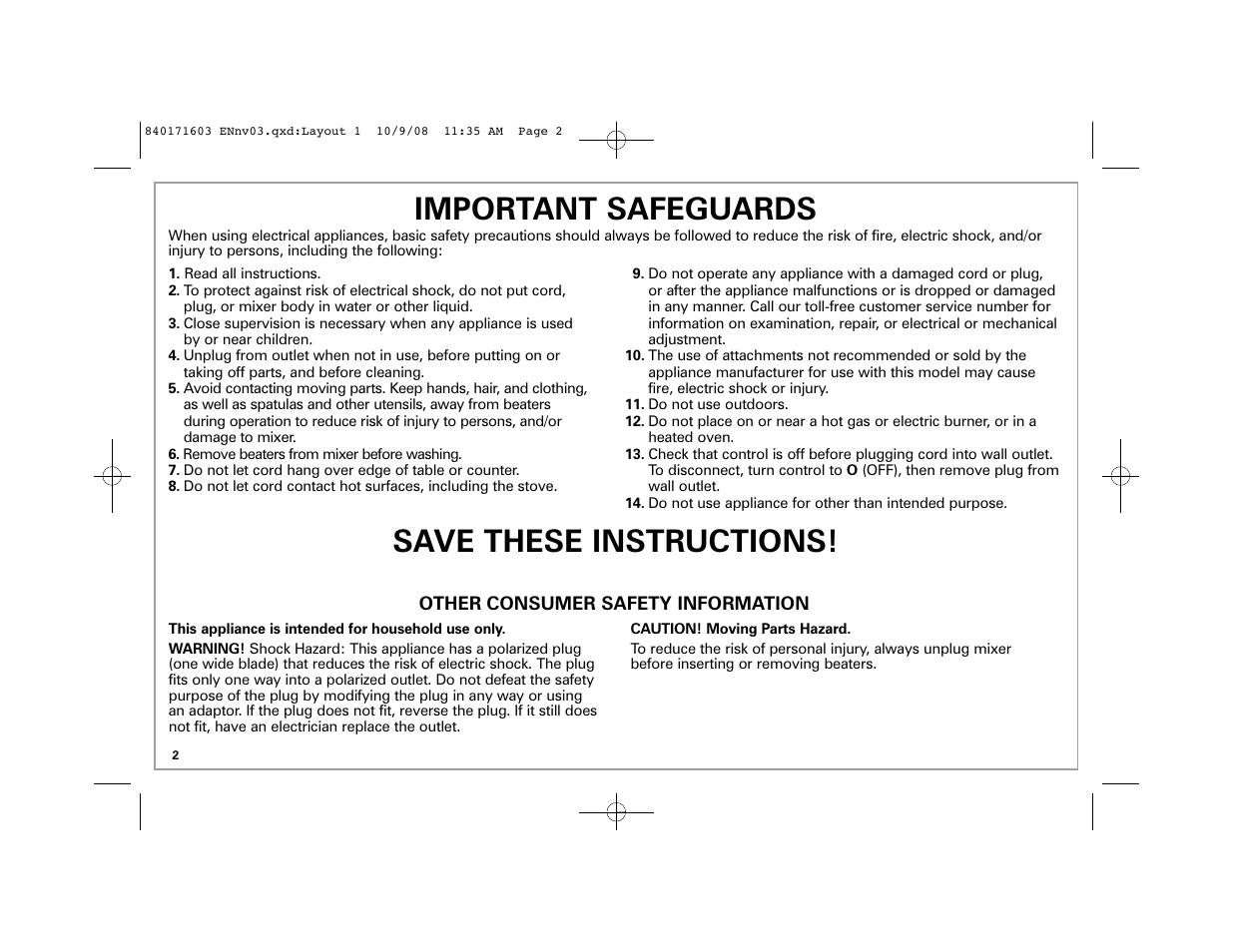 Important safeguards, Save these instructions | Hamilton Beach 62665N User Manual | Page 2 / 24