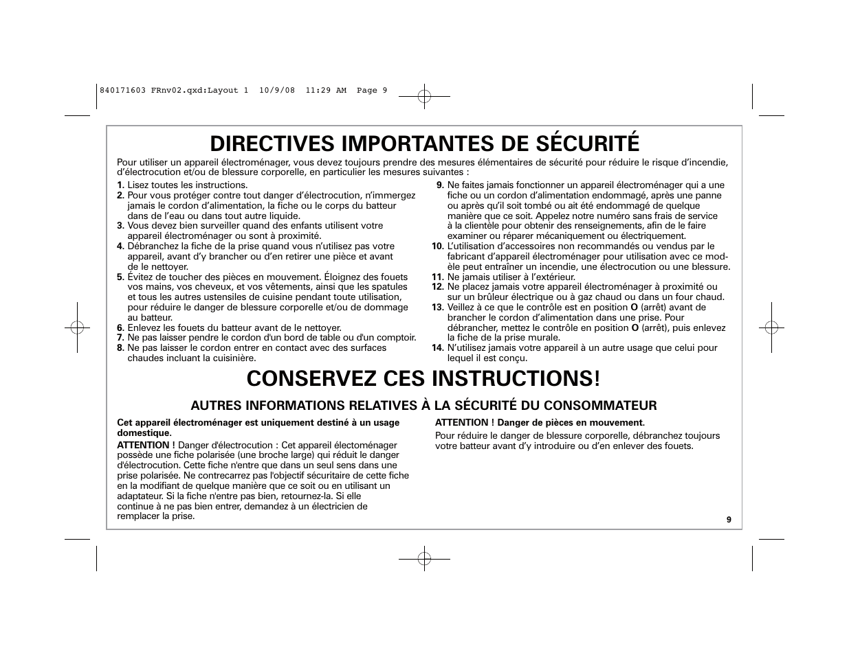 Directives importantes de sécurité, Conservez ces instructions | Hamilton Beach 62665N User Manual | Page 9 / 24