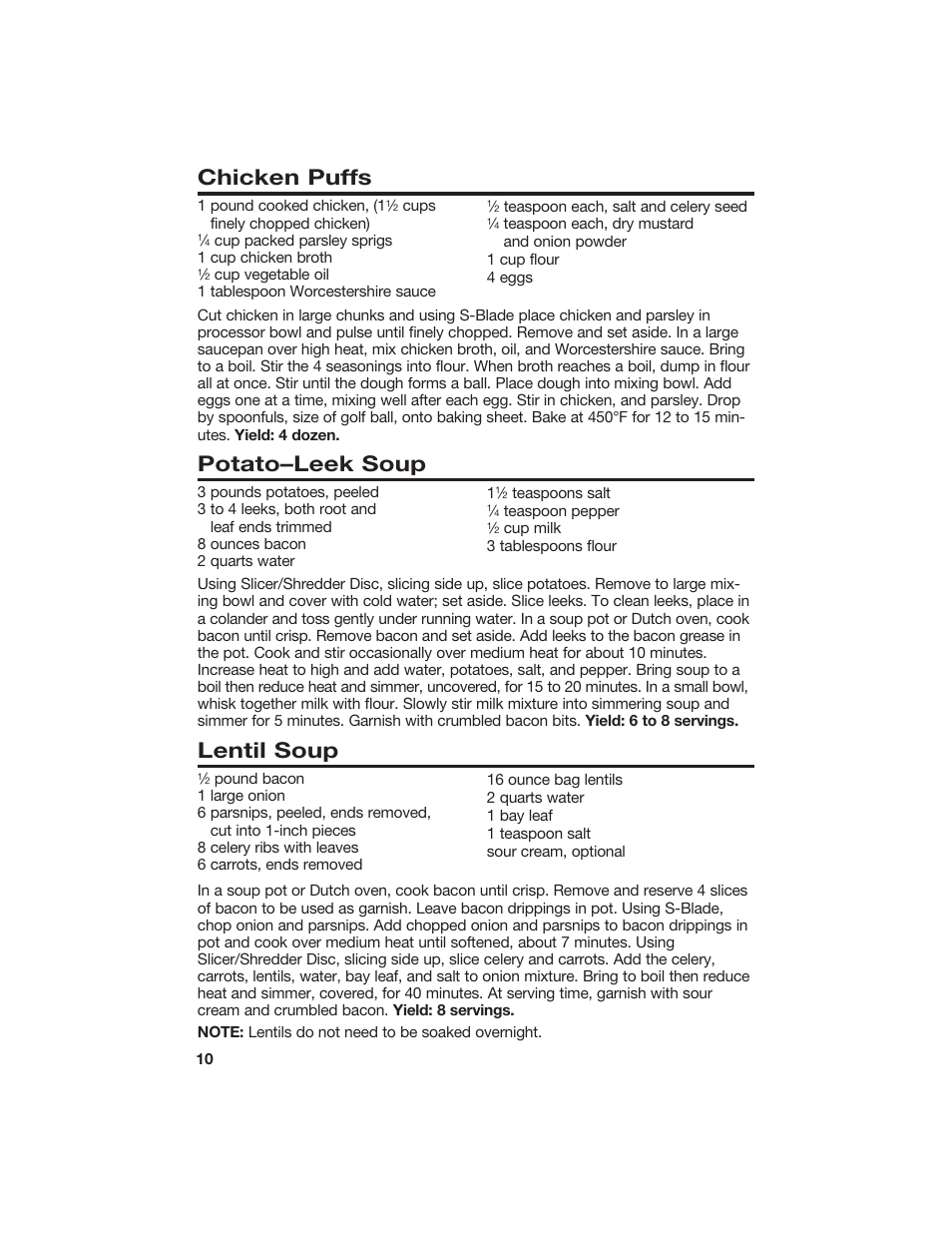 Chicken puffs, Potato–leek soup, Lentil soup | Hamilton Beach 840066200 User Manual | Page 10 / 15
