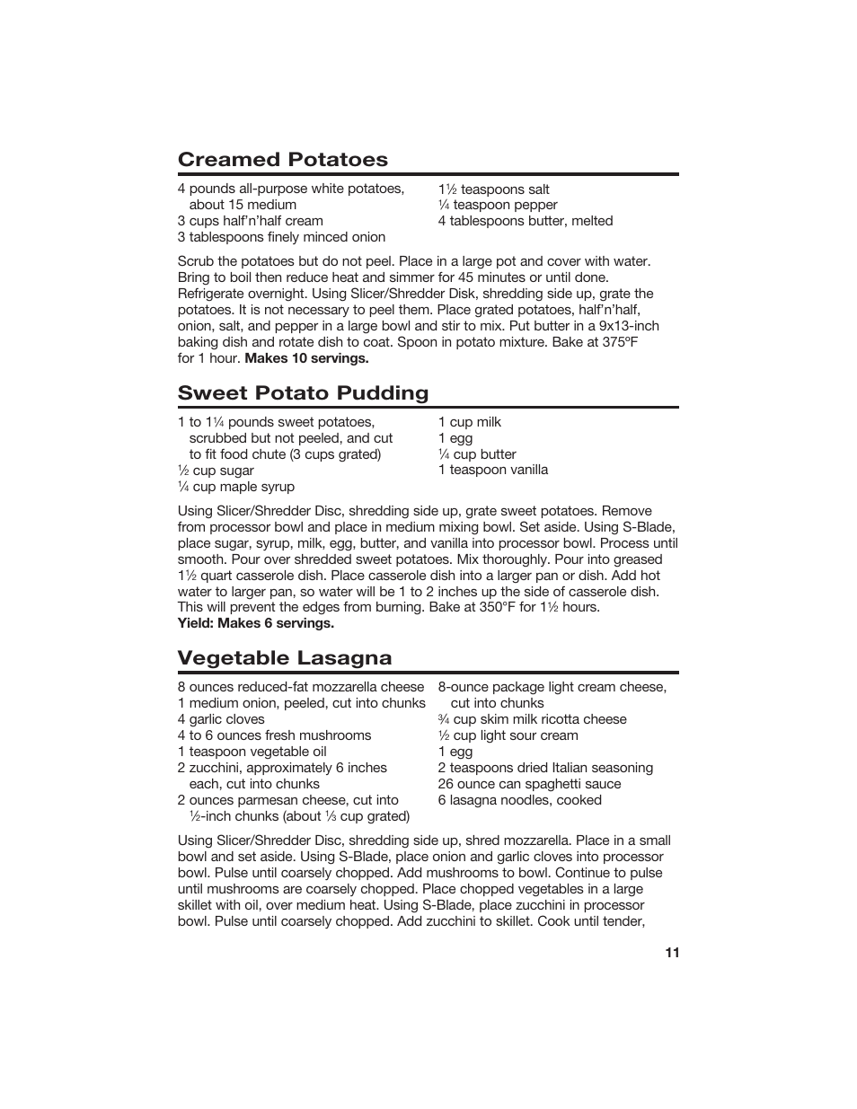 Creamed potatoes, Sweet potato pudding, Vegetable lasagna | Hamilton Beach 840066200 User Manual | Page 11 / 15