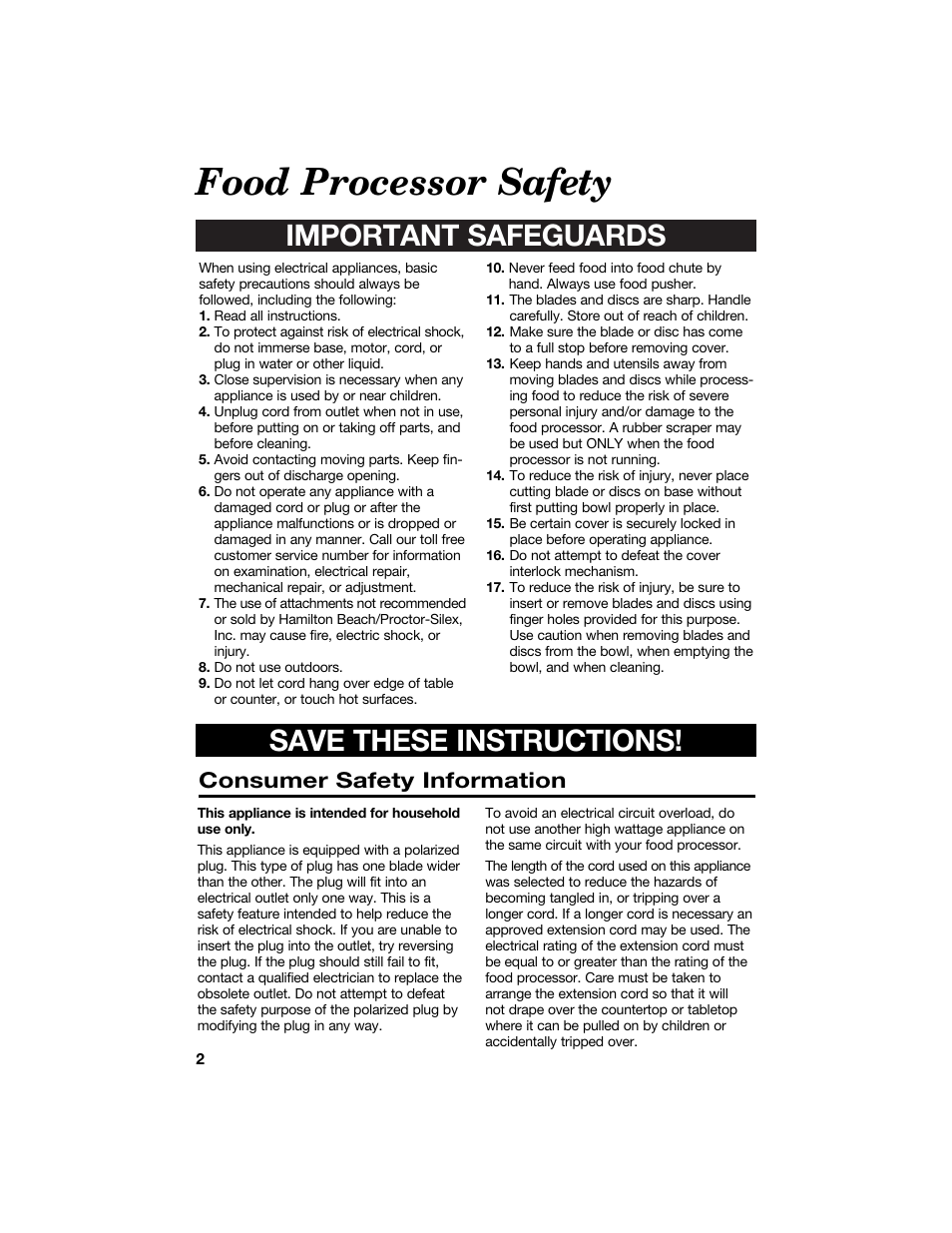 Food processor safety, Important safeguards save these instructions, Consumer safety information | Hamilton Beach 840066200 User Manual | Page 2 / 15