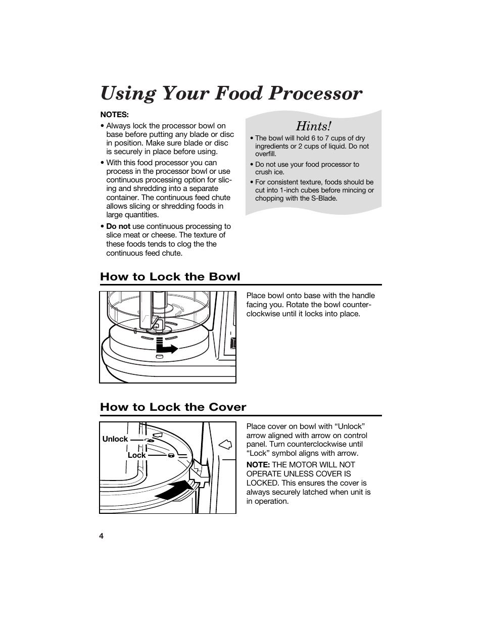 Using your food processor, Hints, How to lock the bowl | How to lock the cover | Hamilton Beach 840066200 User Manual | Page 4 / 15