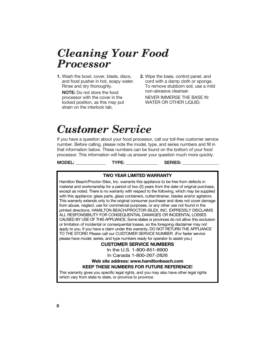 Cleaning your food processor, Customer service | Hamilton Beach 840066200 User Manual | Page 8 / 15