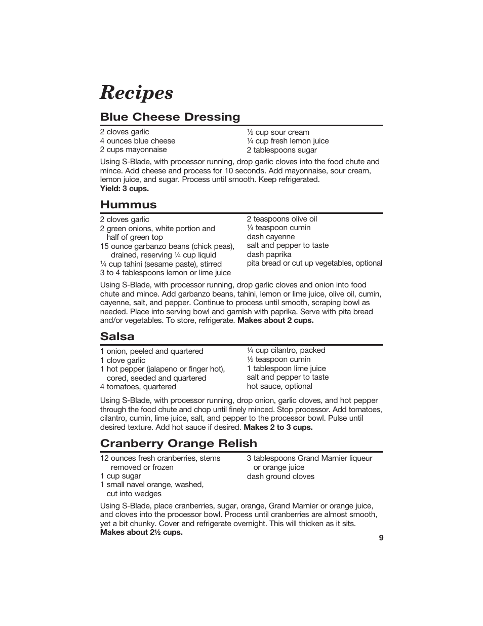 Recipes, Blue cheese dressing, Hummus | Salsa, Cranberry orange relish | Hamilton Beach 840066200 User Manual | Page 9 / 15