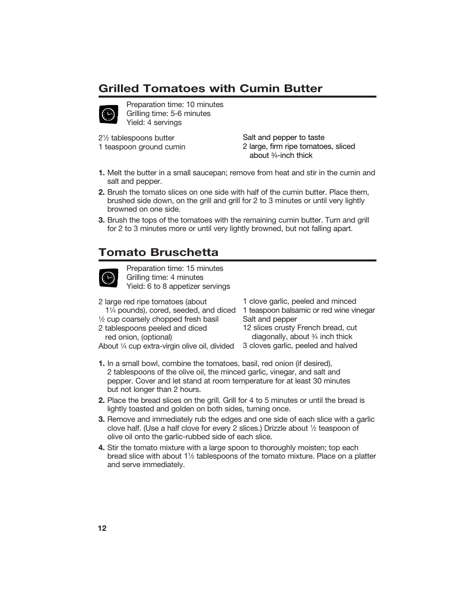 Grilled tomatoes with cumin butter, Tomato bruschetta | Hamilton Beach 840081900 User Manual | Page 12 / 16