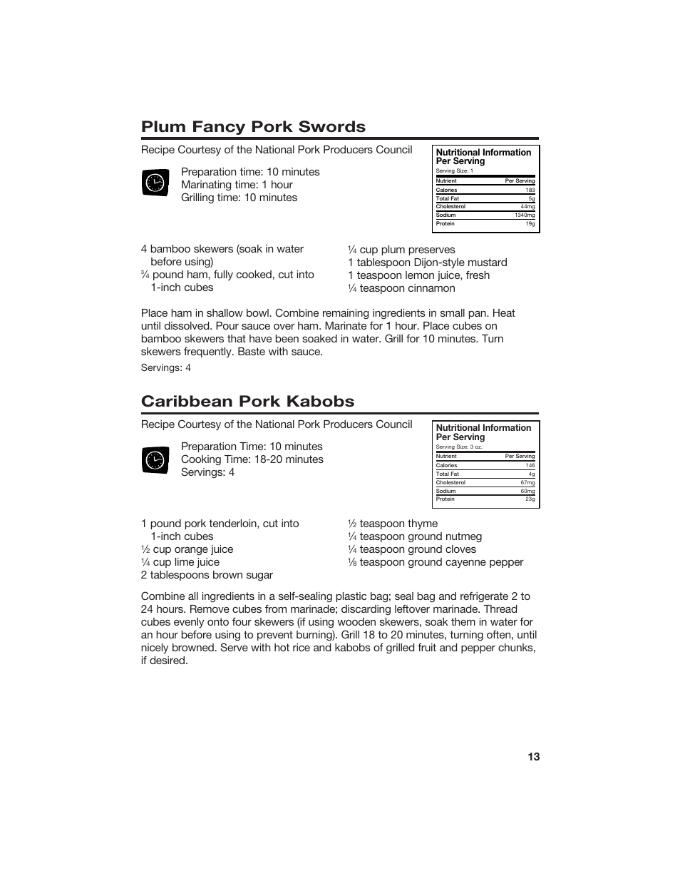 Plum fancy pork swords, Caribbean pork kabobs, Cup orange juice | Teaspoon cinnamon, Teaspoon thyme, Teaspoon ground nutmeg, Teaspoon ground cloves, Teaspoon ground cayenne pepper | Hamilton Beach 840081900 User Manual | Page 13 / 16