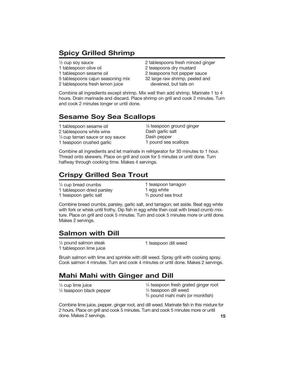 Spicy grilled shrimp, Sesame soy sea scallops, Crispy grilled sea trout | Salmon with dill, Mahi mahi with ginger and dill | Hamilton Beach 840081900 User Manual | Page 15 / 16