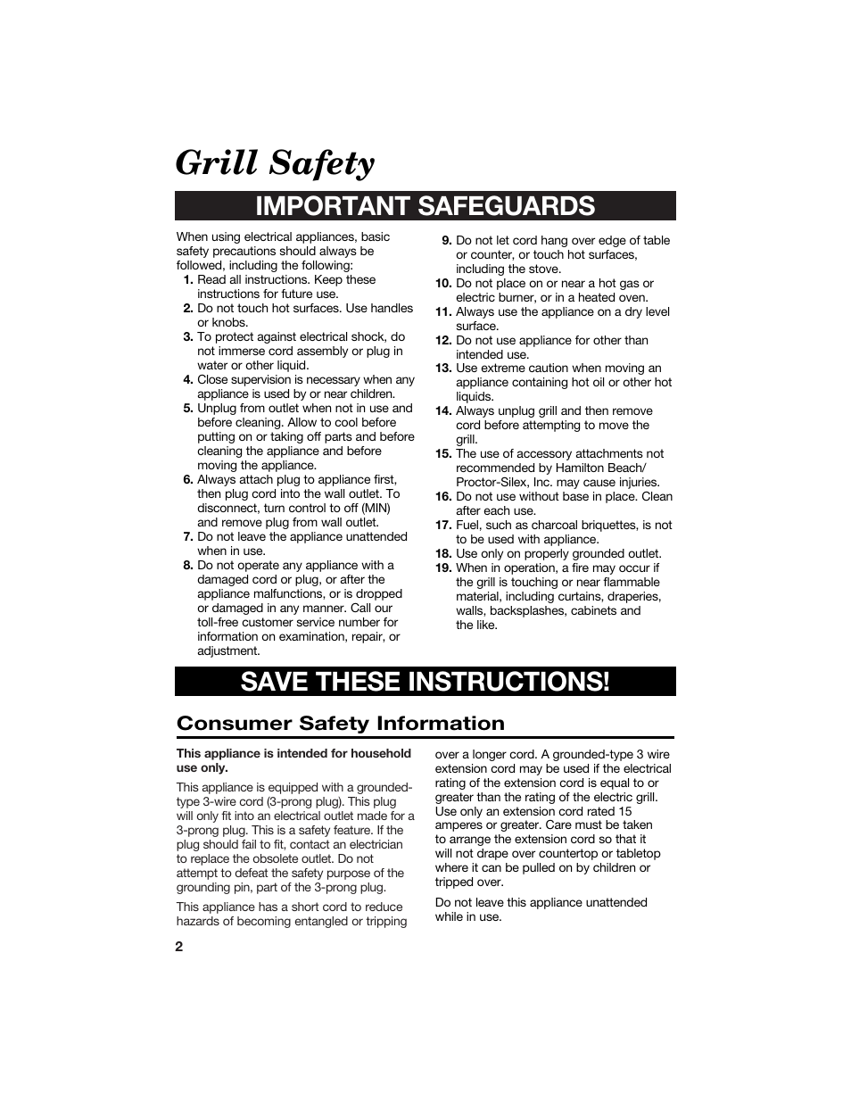 Grill safety, Important safeguards save these instructions, Consumer safety information | Hamilton Beach 840081900 User Manual | Page 2 / 16