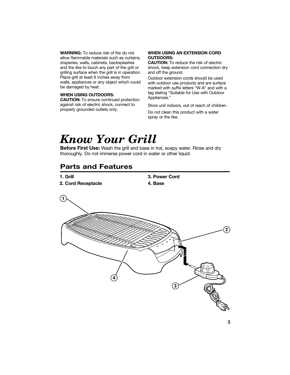 Know your grill, Parts and features | Hamilton Beach 840081900 User Manual | Page 3 / 16