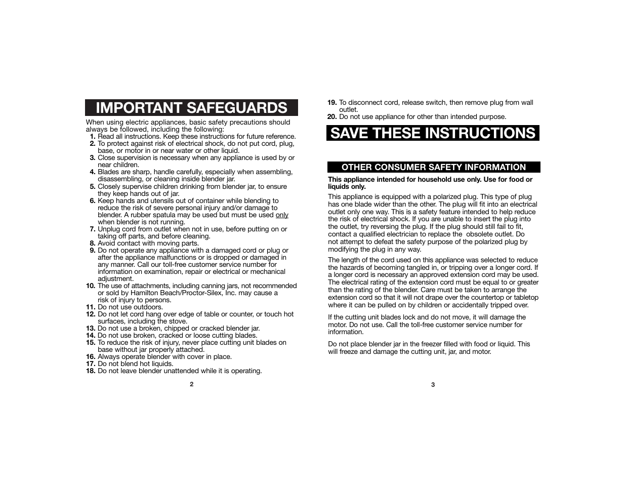 Important safeguards save these instructions | Hamilton Beach 840123200 User Manual | Page 2 / 6