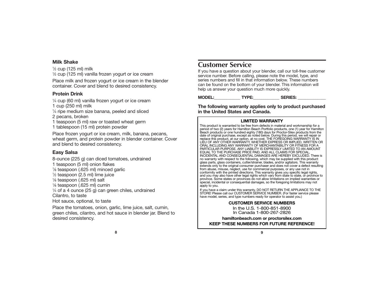 Customer service | Hamilton Beach 840123200 User Manual | Page 5 / 6