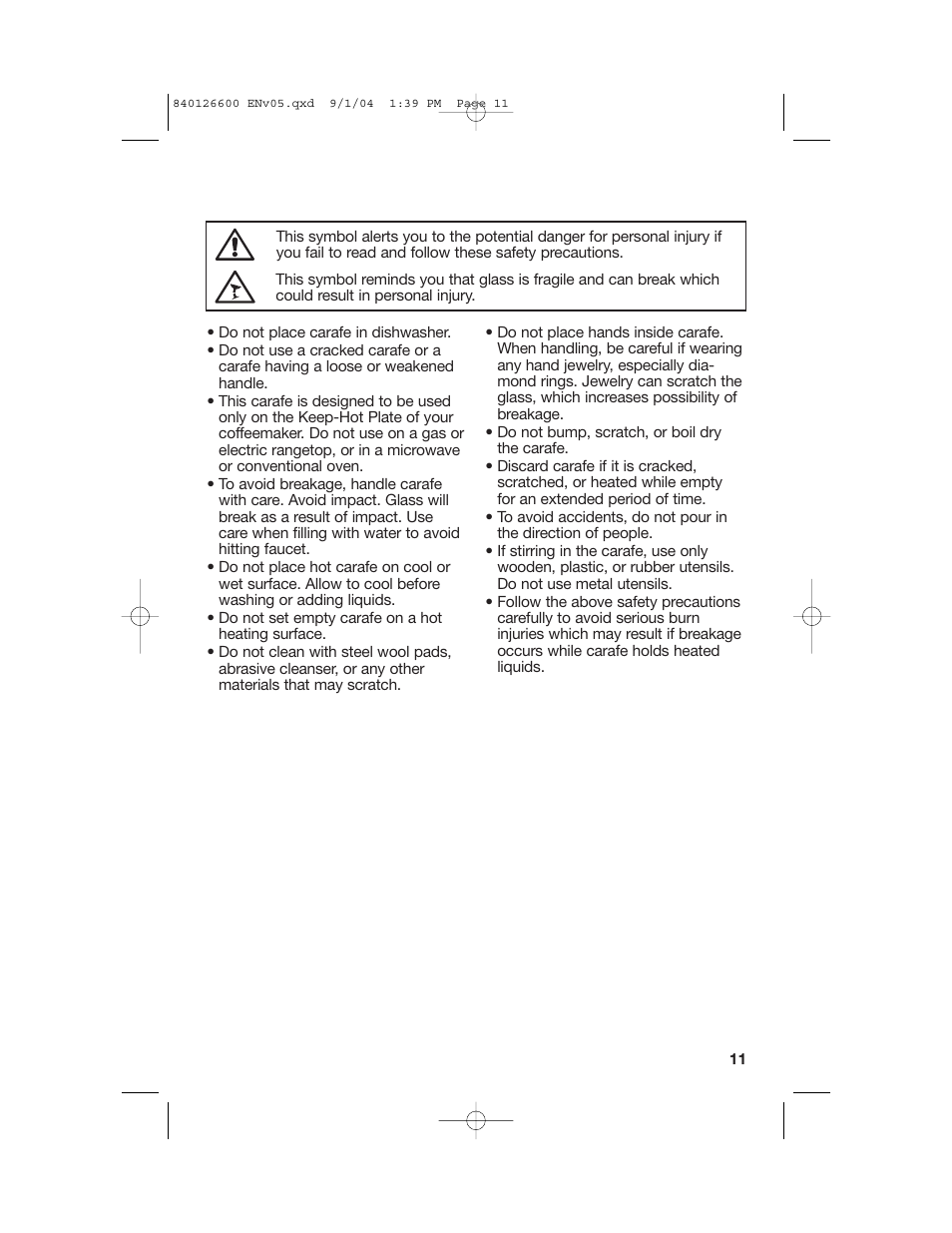 Carafe safety precautions | Hamilton Beach 80674 User Manual | Page 11 / 20