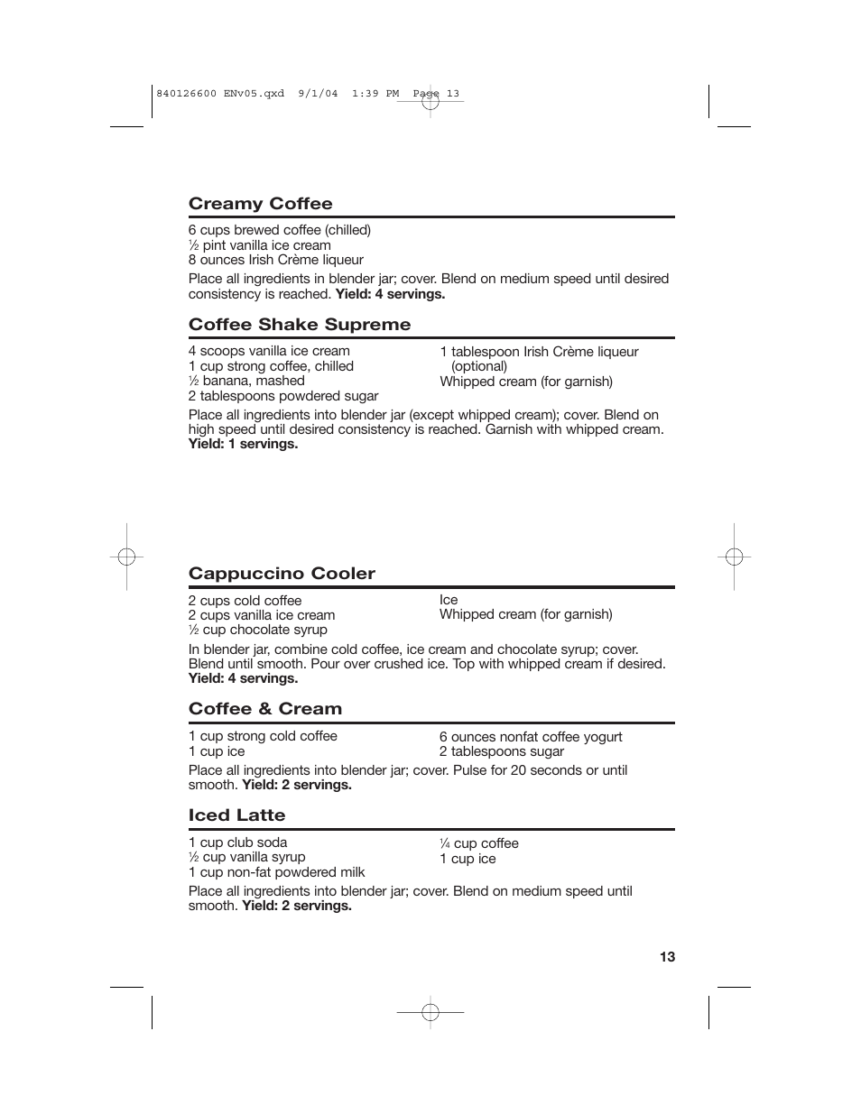 Alcoholic frozen drinks, Coffee drinks & shakes | Hamilton Beach 80674 User Manual | Page 13 / 20