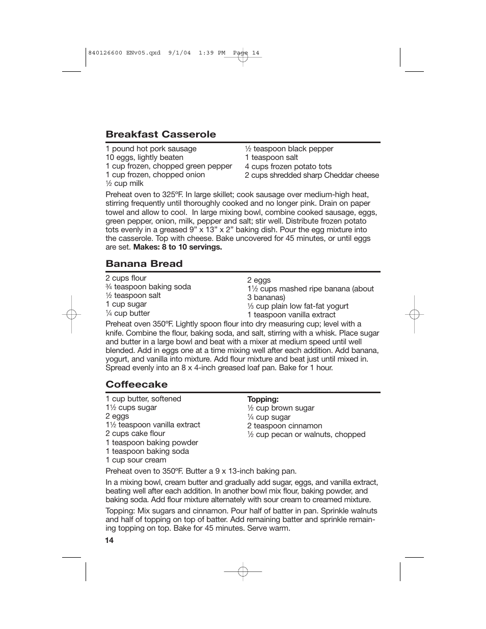 Breakfast, breads and desserts, Breakfast casserole, Banana bread | Coffeecake | Hamilton Beach 80674 User Manual | Page 14 / 20