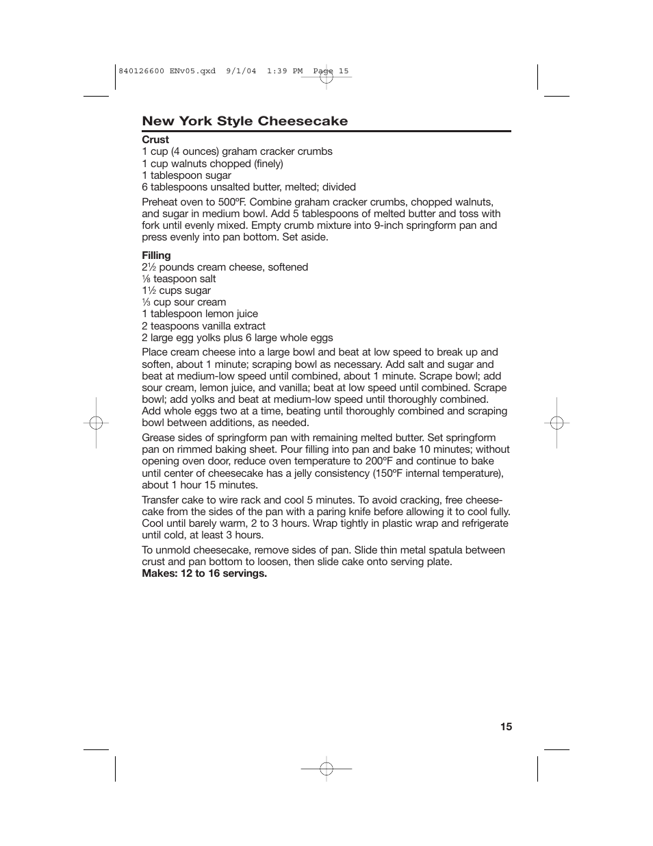 New york style cheesecake | Hamilton Beach 80674 User Manual | Page 15 / 20