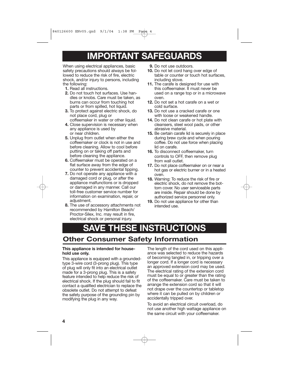 Important safeguards, Save these instructions, Other consumer safety information | Hamilton Beach 80674 User Manual | Page 4 / 20