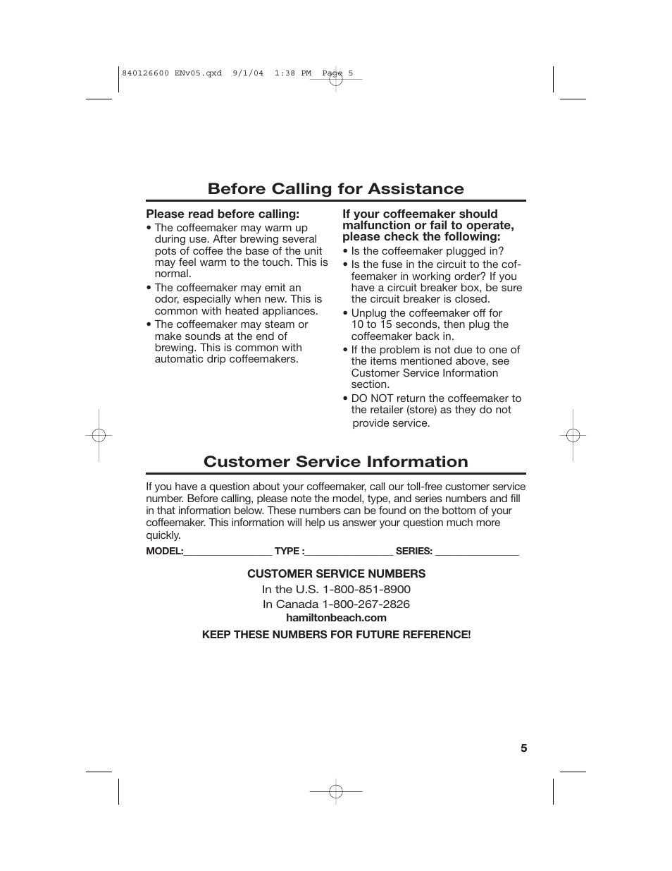 Assistance and service information | Hamilton Beach 80674 User Manual | Page 5 / 20