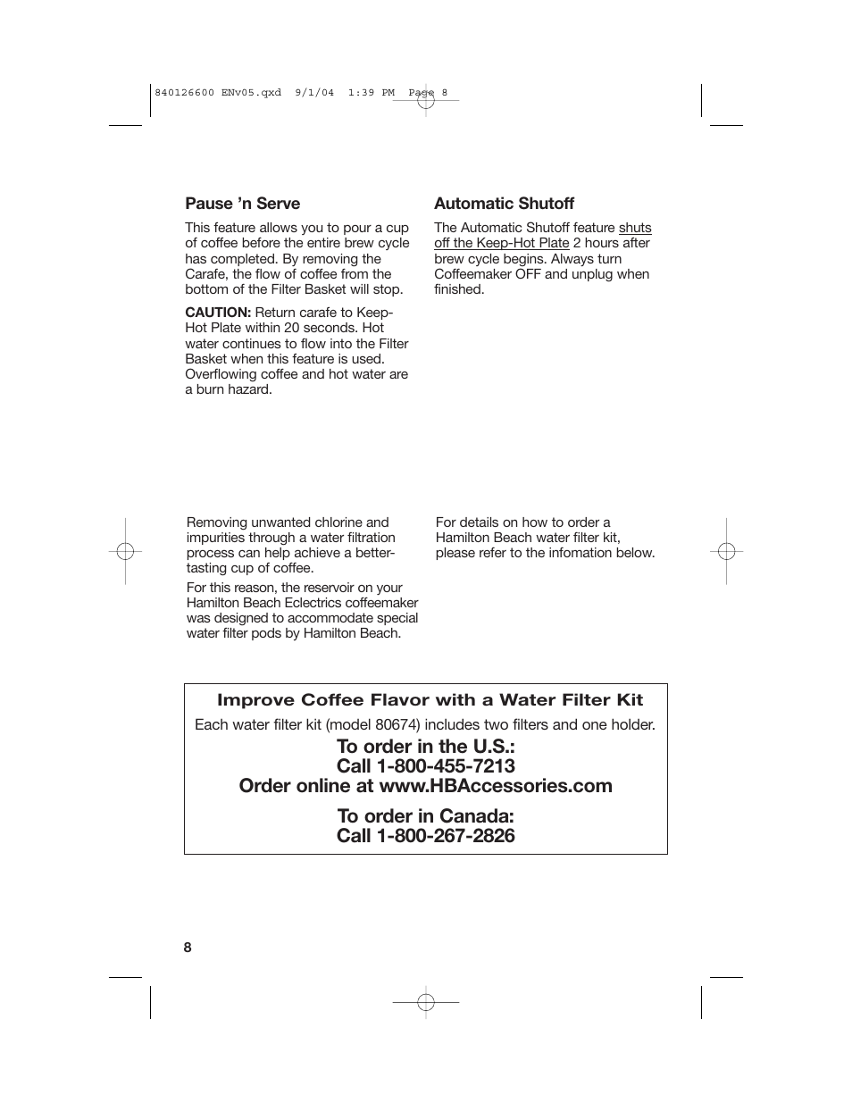 Additional features, Water filtration | Hamilton Beach 80674 User Manual | Page 8 / 20