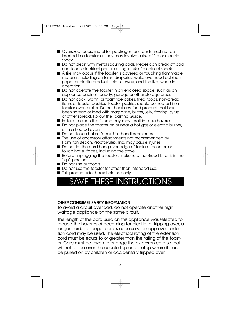 Save these instructions | Hamilton Beach 840157200 User Manual | Page 3 / 12