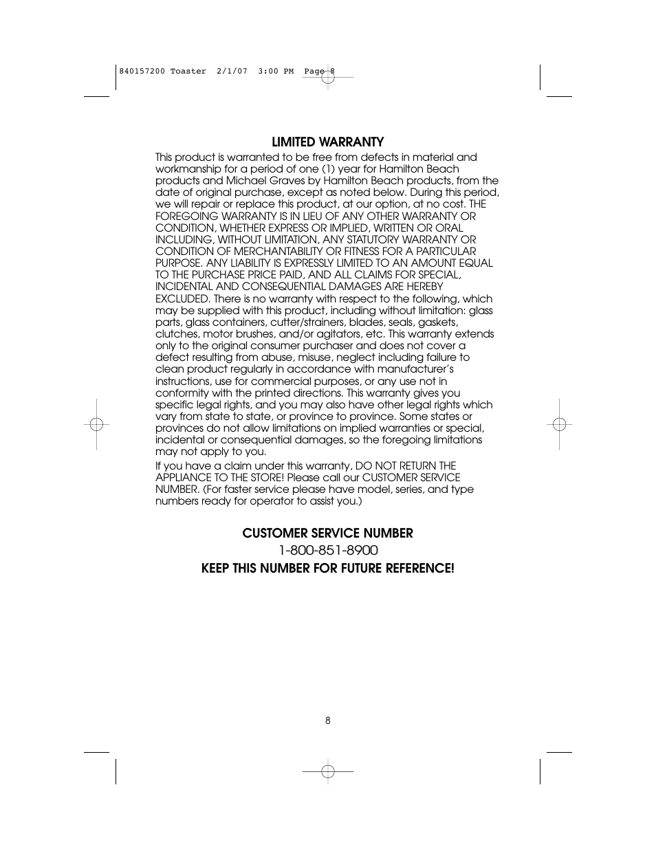 Hamilton Beach 840157200 User Manual | Page 8 / 12