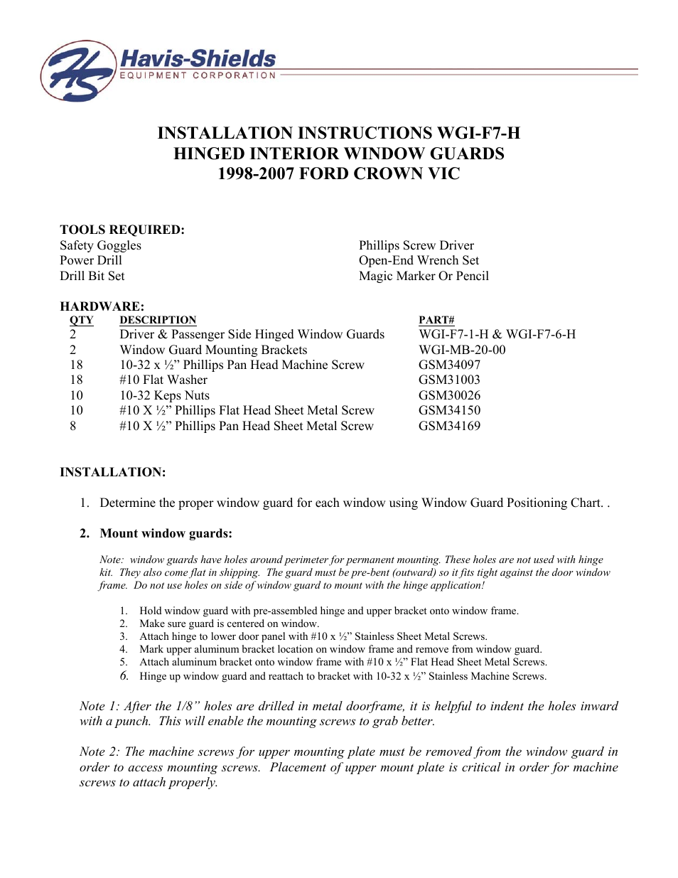 Havis-Shields WGI-F7-H User Manual | 2 pages