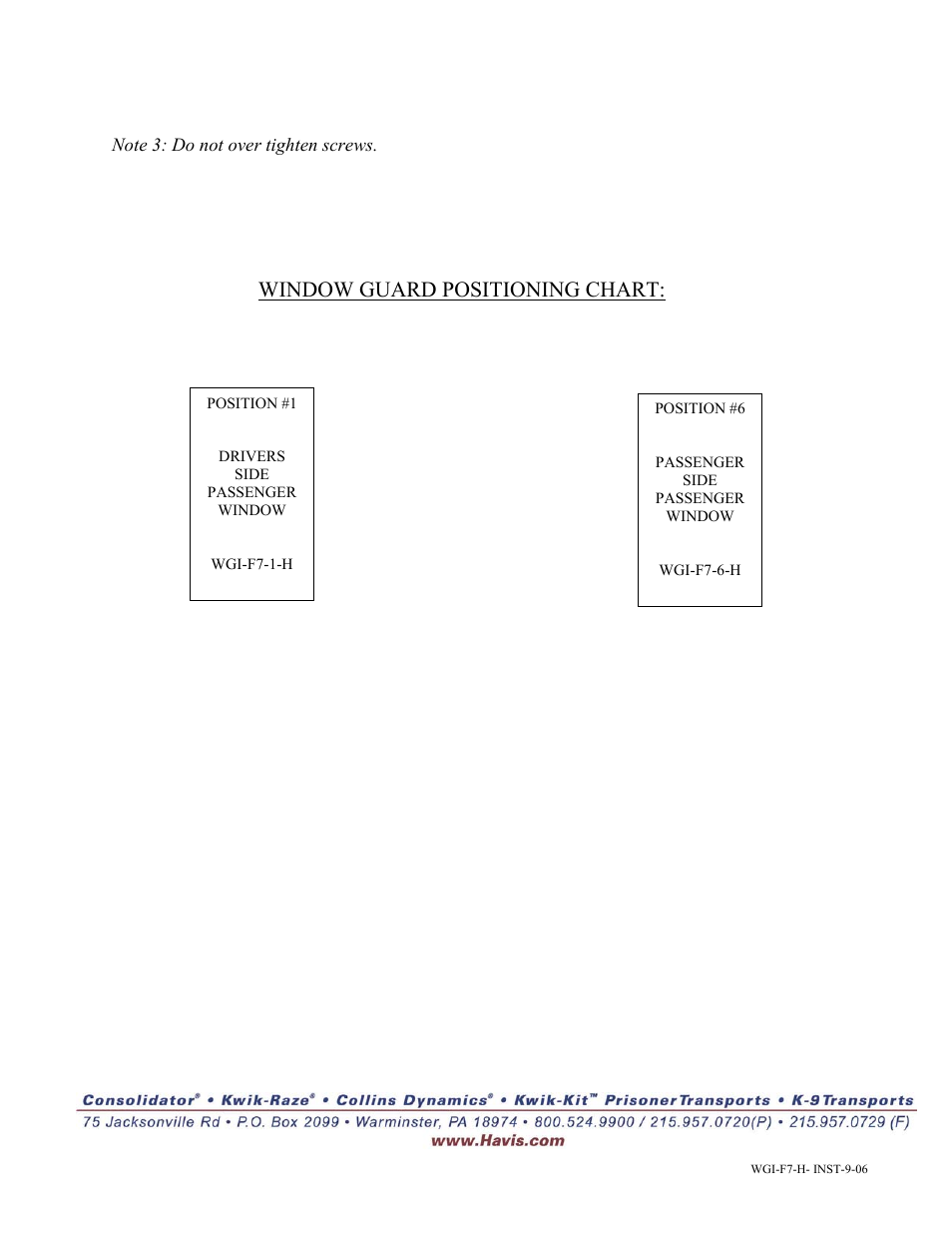 Window guard positioning chart | Havis-Shields WGI-F7-H User Manual | Page 2 / 2