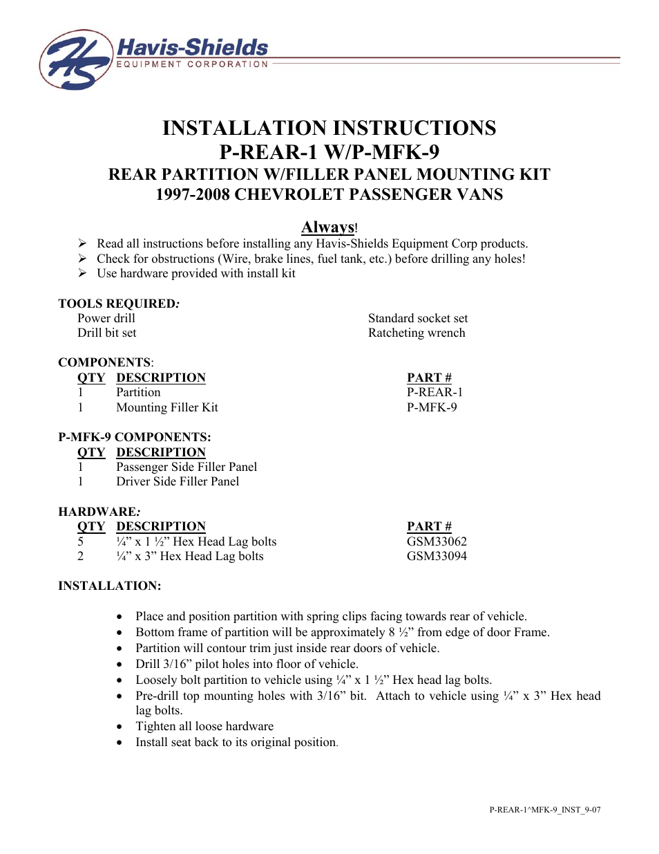 Havis-Shields P-REAR-1 W User Manual | 2 pages