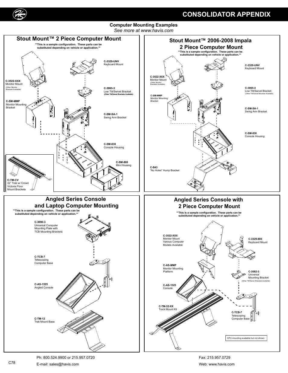 Consolidator appendix, Stout mount™ 2 piece computer mount, Angled series console and laptop computer mounting | Angled series console with 2 piece computer mount | Havis-Shields C-SM-MMP User Manual | Page 78 / 82