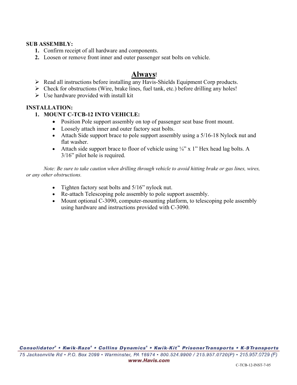 Always | Havis-Shields Telescoping Computer Base C-TCB-12 User Manual | Page 2 / 2