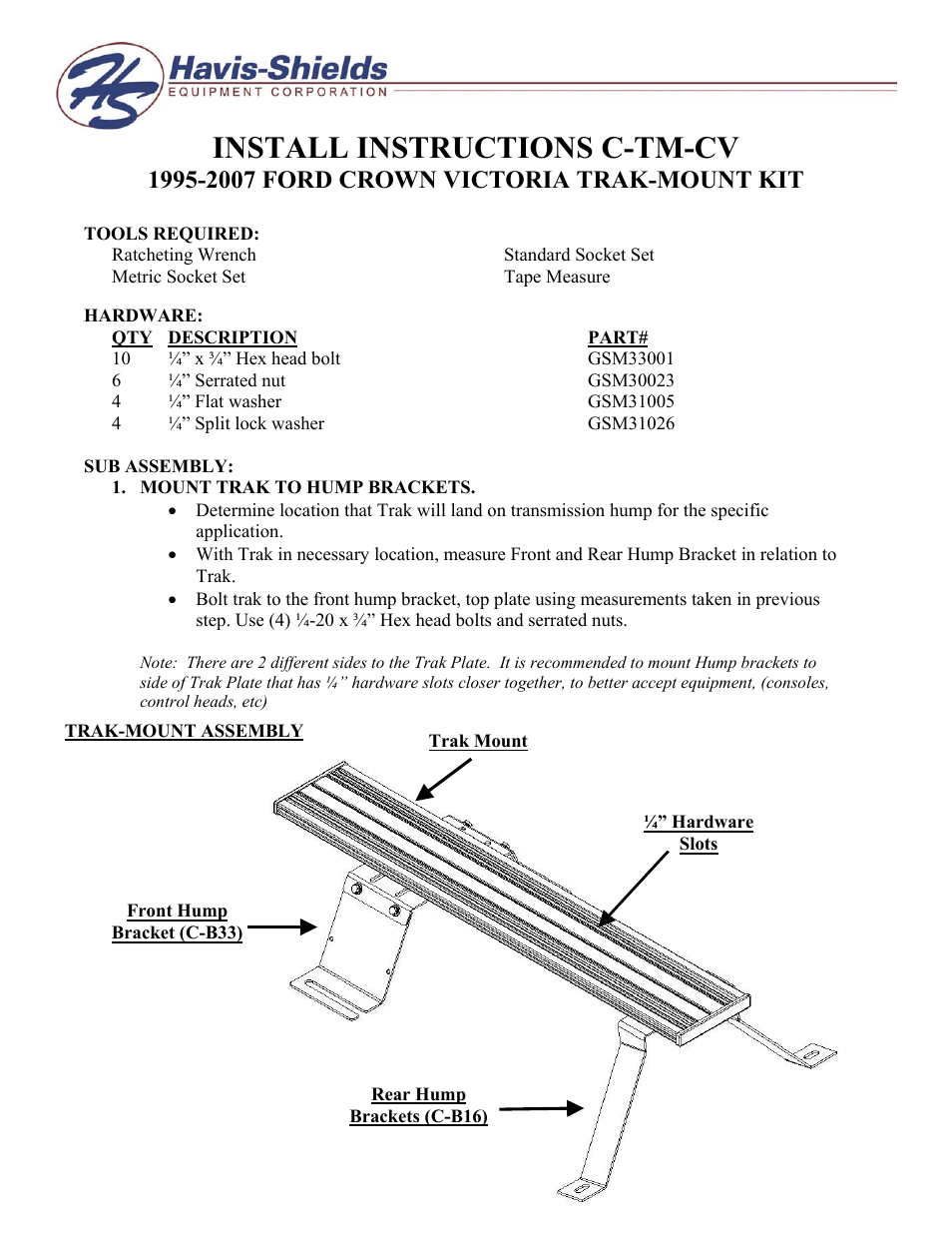 Havis-Shields 1995-2007 Ford Crown Victoria Trak-Mount Kit C-TM-CV User Manual | 2 pages