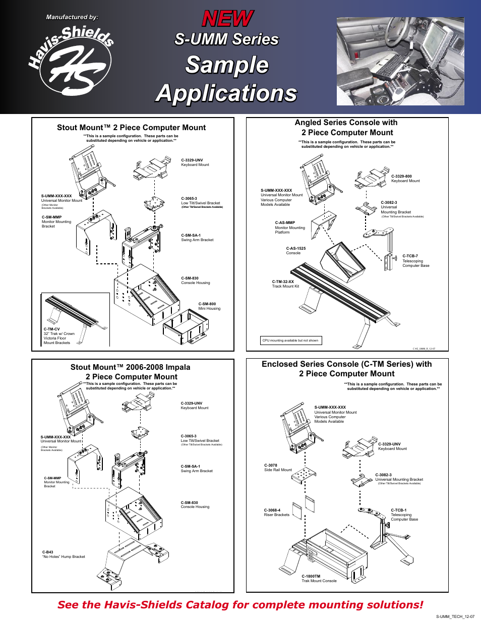 Sample applications, S-umm series, Angled series console with 2 piece computer mount | Stout mount™ 2 piece computer mount, Manufactured by | Havis-Shields S-UMM-DLX-TX2 User Manual | Page 2 / 2