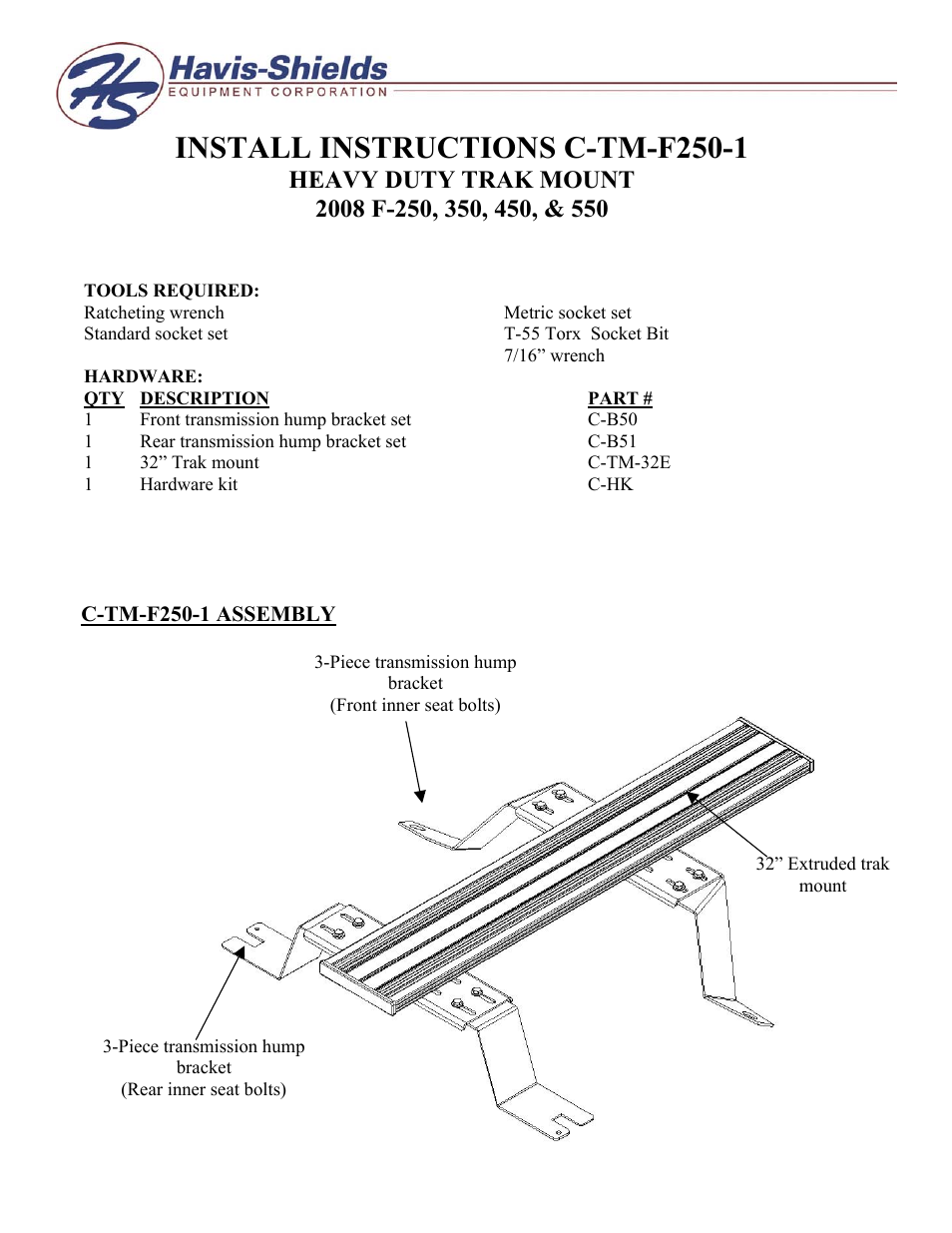 Havis-Shields Heavy Duty Trak Mount C-TM-F250-1 User Manual | 2 pages