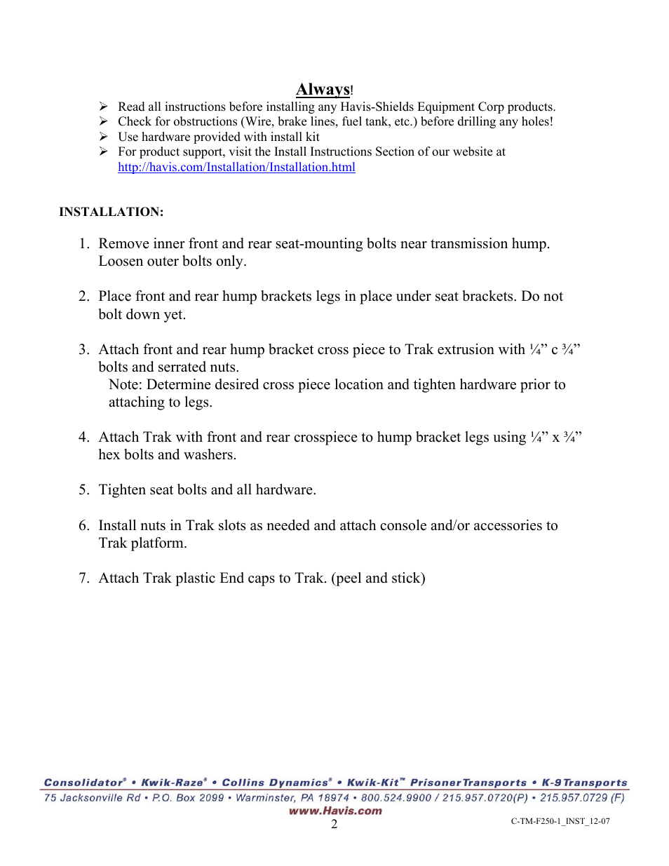 Always | Havis-Shields Heavy Duty Trak Mount C-TM-F250-1 User Manual | Page 2 / 2