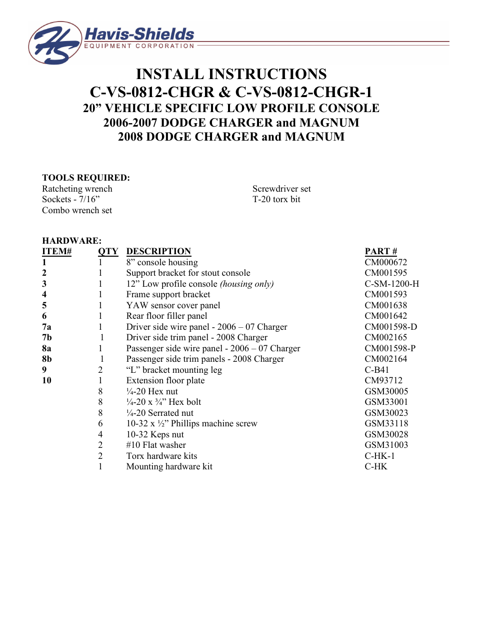 Havis-Shields C-VS-0812-CHGR User Manual | 4 pages