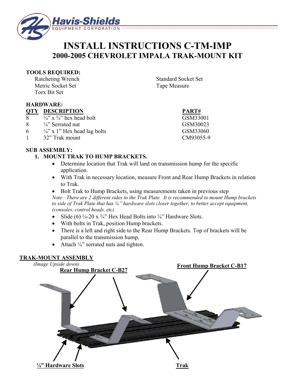 Havis-Shields 2000-2005 Chevrolet Impala Trak-Mount Kit C-TM-IMP User Manual | 2 pages