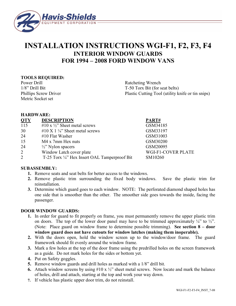 Havis-Shields Interior Window Guards F2 User Manual | 5 pages