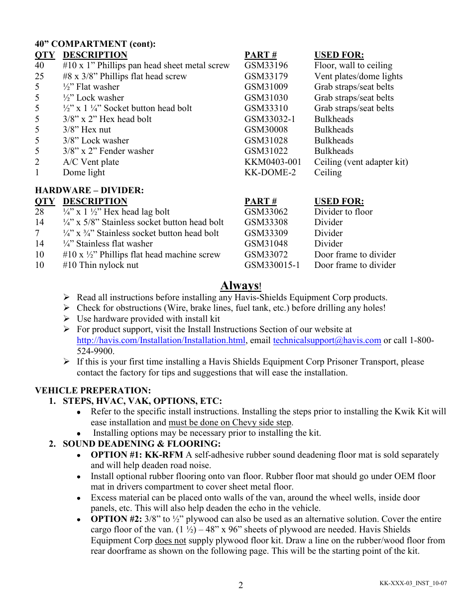 Always | Havis-Shields Kwik-Kit KK-100-03 User Manual | Page 2 / 20