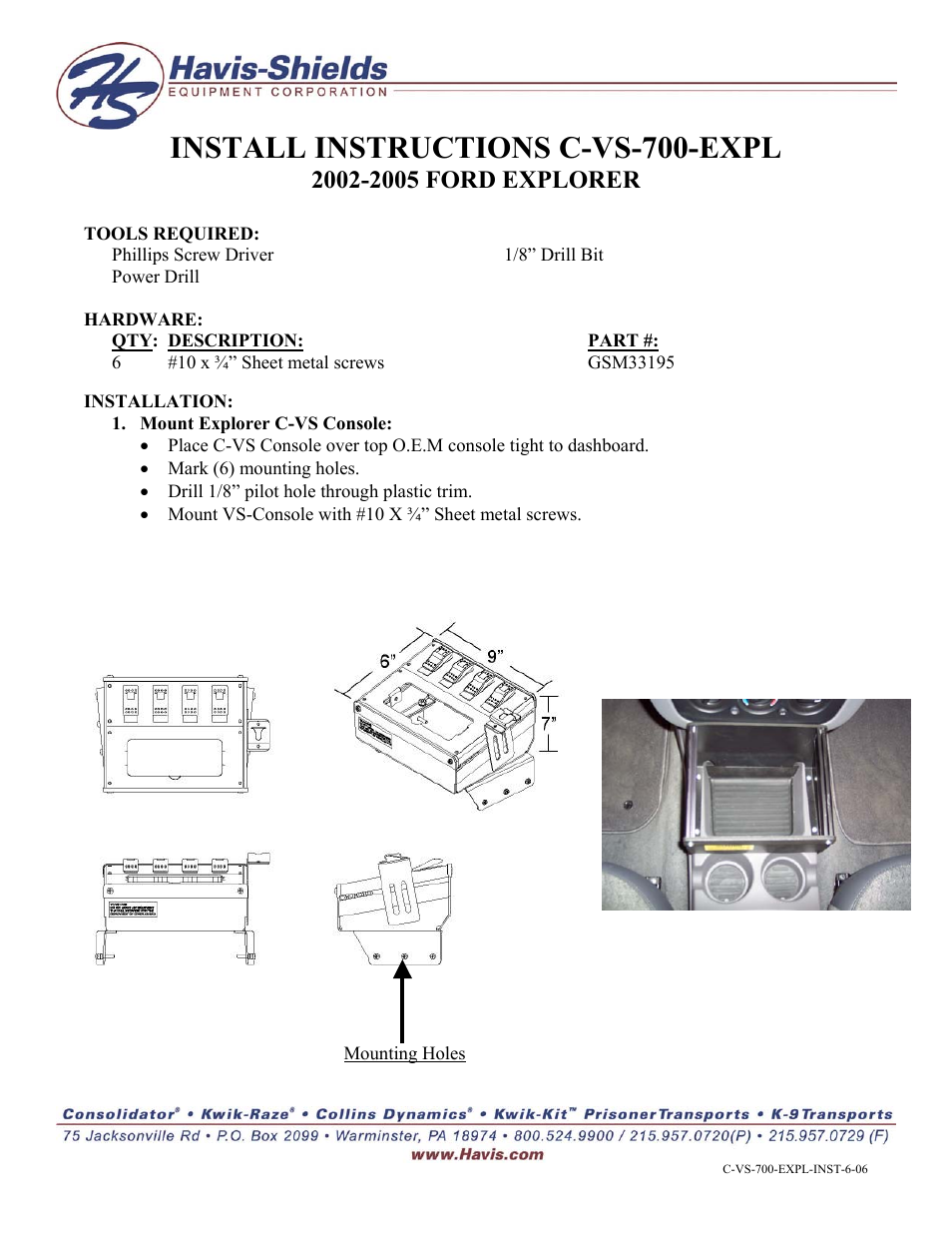 Havis-Shields 2002-2005 Ford Explorer C-VS-700-EXPL User Manual | 1 page