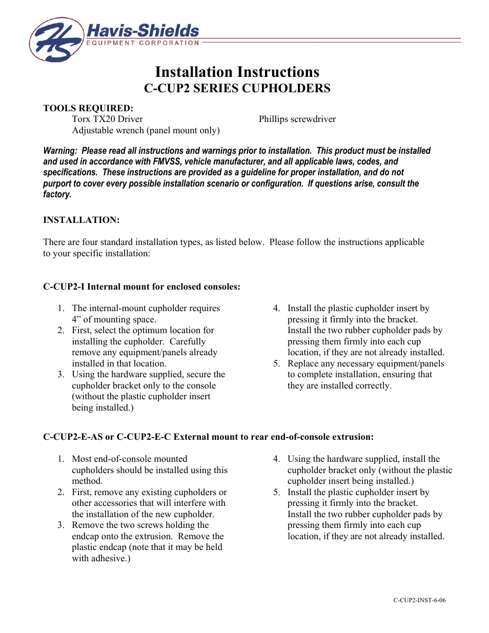 Havis-Shields Cupholders C-CUP2 Series User Manual | 2 pages