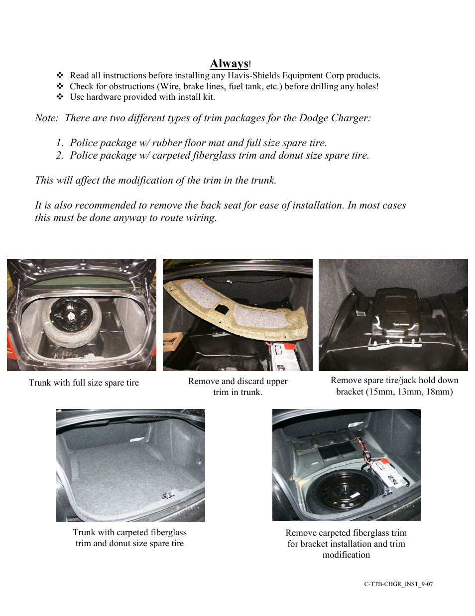 Always | Havis-Shields Dodge Charger Spare Tire Bracket C-TTB-CHGR User Manual | Page 2 / 5