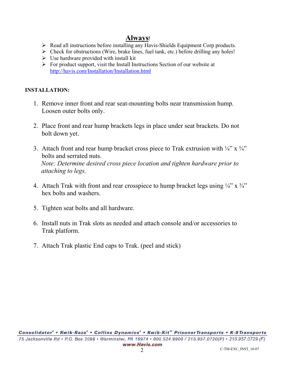 Always | Havis-Shields Heavy Duty Trak Mount C-TM-EXC User Manual | Page 2 / 2