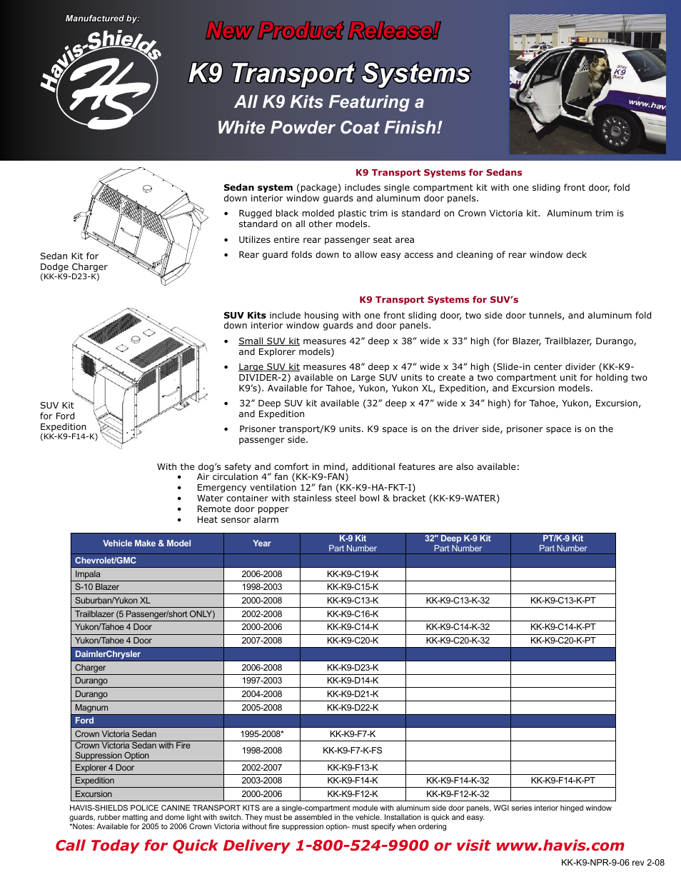 K9 transport systems, New product release, All k9 kits featuring a white powder coat finish | Havis-Shields KK-K9-C12-K User Manual | Page 2 / 2