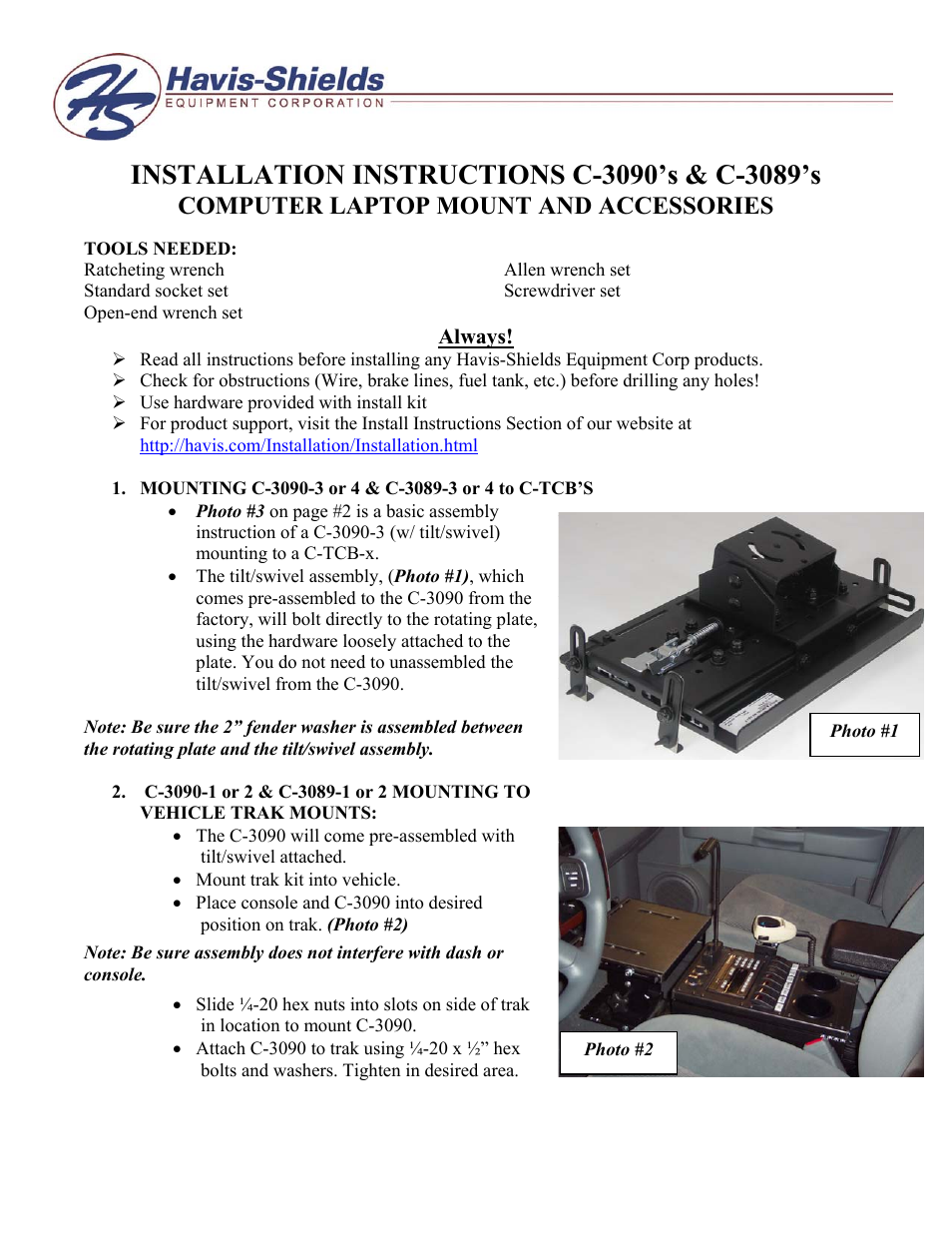 Havis-Shields Computer Laptop Mount and Accessories C-3090's User Manual | 4 pages